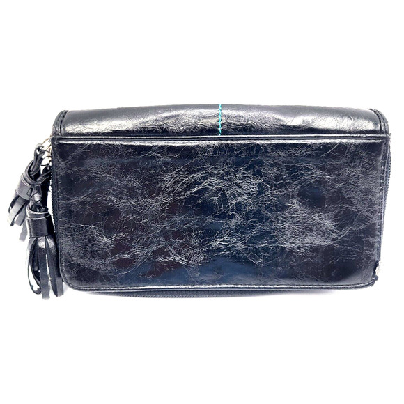 KENNETH COLE REACTION Black Clutch Organizer Leather Tassel Zipper Pulls 8x4.5x1 - Picture 2 of 11